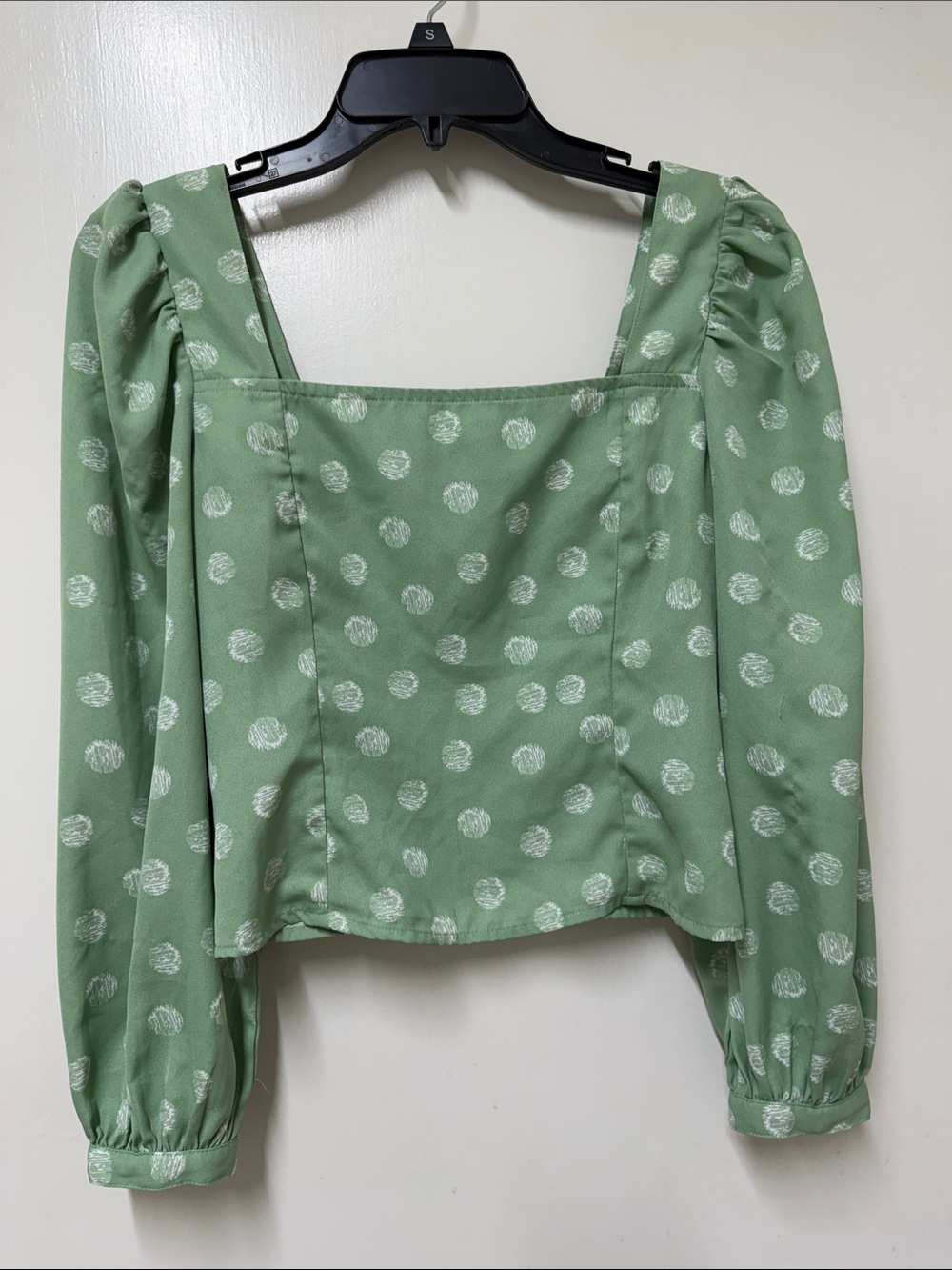 Zara Sage Green Polka Dot Square Neck Puff Sleeve Blouse
